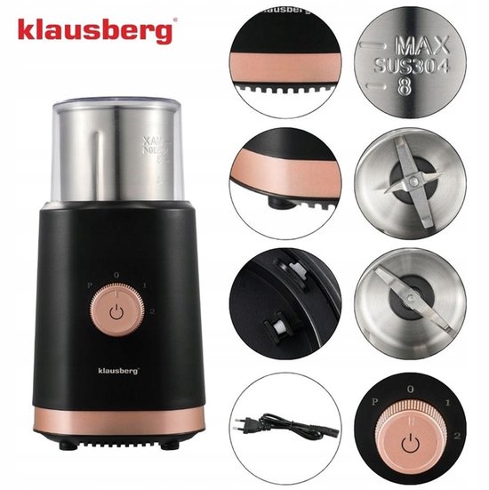 KLAUSBERG KB-7992 Elektrische 2-in-1 Koffie- en Kruidenmolen – 200W – RVS Bekers – Droog & Nat Malen – 3 Snelheden – 80g Capaciteit – zwart/Koper