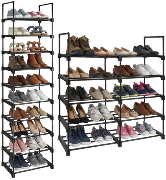 Ruhhy Schoenenrek 10 niveaus 45 x 30 x 174 cm zwart, tot 20 paar schoenen met extra slippersschap