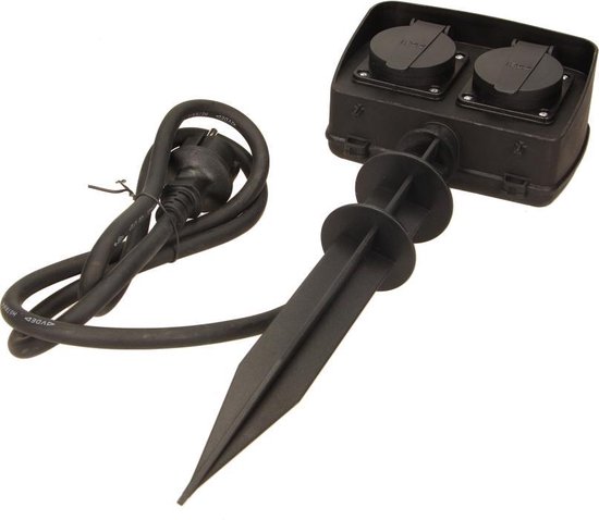 Tuincontactdoos met 2 stopcontacten en grondpen - Buitencontactdoos IP44 Spatwaterdicht - Buiten stekkerdoos met kabellengte 1.5 meter - Max. 3680 W - Zwart