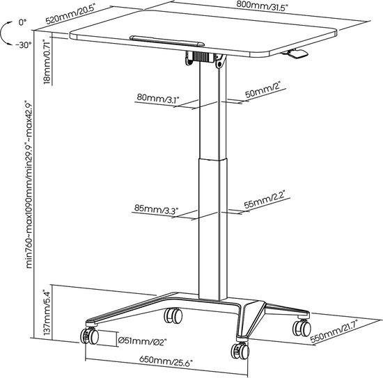 Maclean - zit-sta bureau - laptoptafel - Verrijdbaar laptop bureau - hoogteverstelling - 80x52cm, 8kg max, 109cm - MC-453B - Zwart