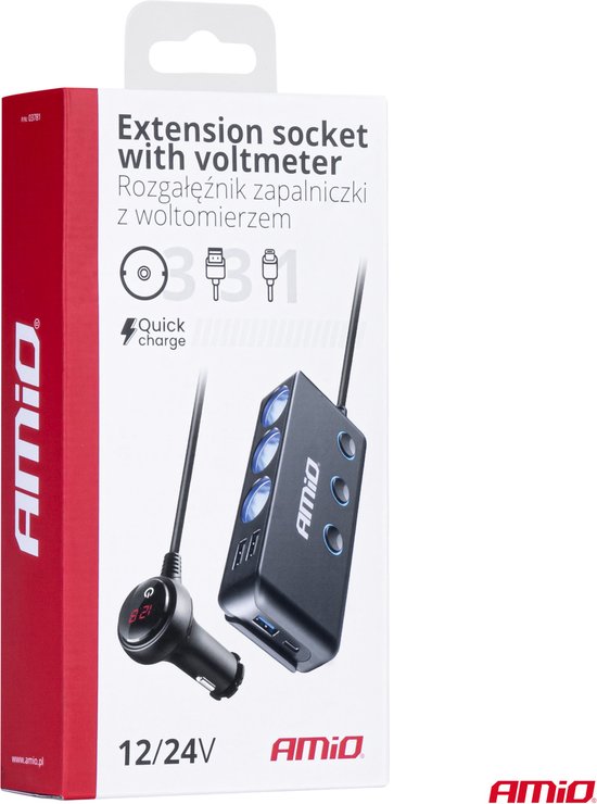 AMiO 3 Dubbele Sigarettenaansteker Plug Splitter met (3x USB-A & 1x USB-C) 12V/24V en Voltmeter Zwart