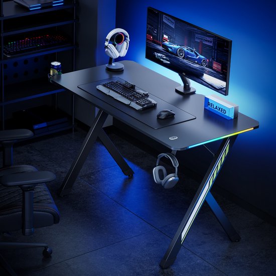 NanoRS - Gaming bureau met koptelefoon- en bekerhouder - RGB-achtergrondverlichting, max. 75kg, afmetingen 1200x600x750mm, RS102 - Zwart