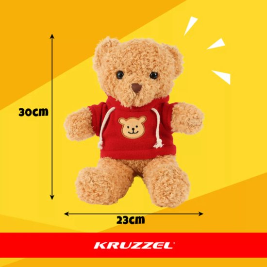 Kruzzel Zachte teddybeer 30 cm – lichtbruine pluche beer met rode trui, veilig voor kinderen