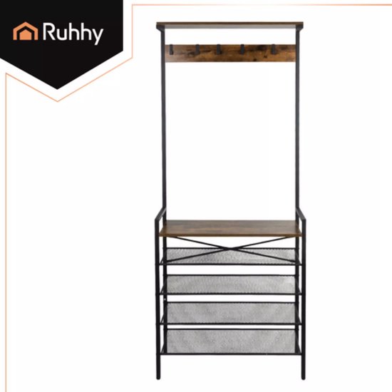 Ruhhy staande kapstok 189 cm – metalen frame met houten planken en 5 dubbele haken, industrieel ontwerp voor hal of kantoor