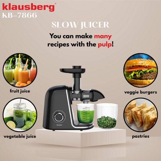 Klausberg Slow Juicer KB-7866 – 150W | Cold Press | Stille Juicer - Groenten en Fruitpers – Met Pulpreservoir - Zwart met Zilveren Accenten