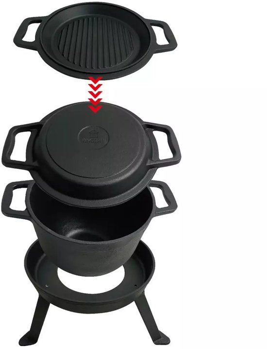Kinghoff KH1733 Gietijzeren Campingpan Set - 3-in-1 - 8 Liter - Geschikt voor Vuur, Kookplaat & Oven - Incl. Grilldeksel & Onderstel - Camping - Kamperen
