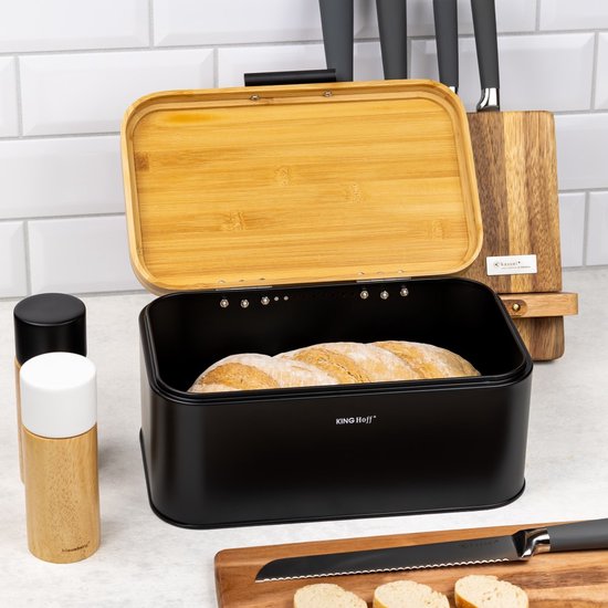 KINGHOFF - Broodtrommel - Compacte Brooddoos met Bamboe Deksel - Staal Broodbox - Brood Bewaarbox Keuken - Moderne Broodtrommel - 30 x 20 cm - Zwart