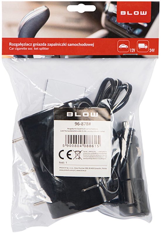BLOW Auto Sigarettenaansteker Splitter - 3x Socket + 1x USB - CS-34 - 12V/24V - LED Verlichting - Met Schakelaars