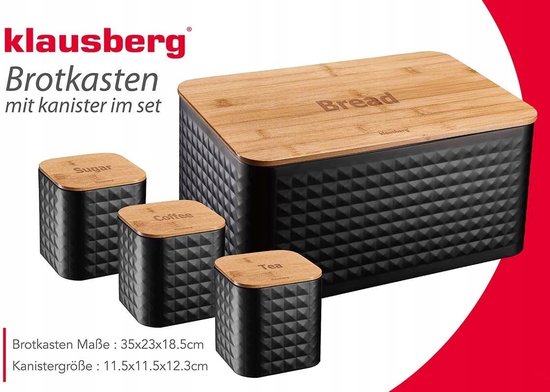 Klausberg 7482 - Broodtrommel met suiker, koffie en thee bus - zwart
