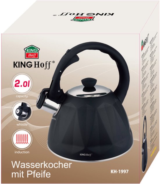 KINGHoff Fluitketel 2 Liter – RVS – Inductie Geschikt – Matte Zwarte Diamantstructuur – Soft-Touch Handgreep – KH-1997