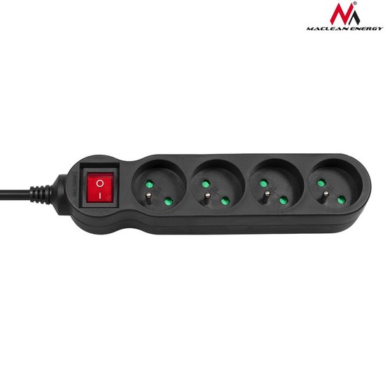 Maclean -Stekkerdoos met penaarde | verlengsnoer 4-pins | Verlengkabel met -schakelaar | 2300W - Zwart -3 m (Voor Belgie)