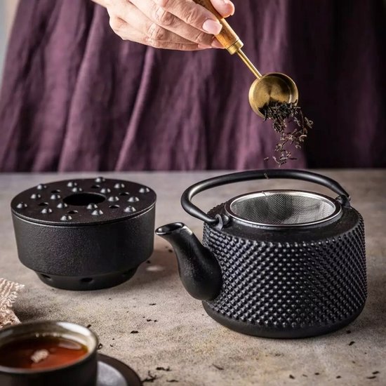 KINGHOFF - Gietijzeren Theeset met Theepot (0,8L), RVS Zeef en Warmhouder - Zwart