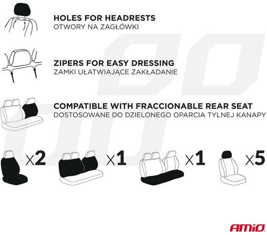 AMiO Universal Car Seat Cover Set SC-06 – 9-delige Stoelhoezen voor Voor- en Achterstoelen, Zwart en Grijs, Airbagveilig en Slijtvast
