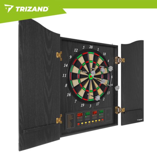 Trizand Elektronisch dartbord met afsluitbare kast, speelveld 35 cm, 4 LED displays, 27 spellen, 243 varianten, 1 tot 16 spelers, netvoeding