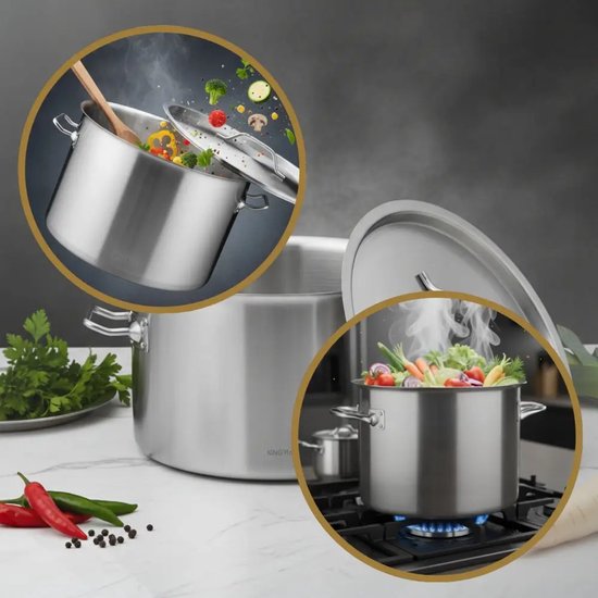 KingHoff Kookpan - Grote Soeppan - Stockpot met Deksel - voor Soep, Pasta & Stoofgerechten - Inductie Geschikt - 14L - RVS - Ø30 x 20 cm - Zilver