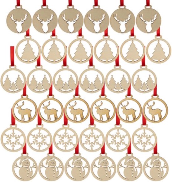 Ruhhy Houten Kerstballen – Set van 36 Stuks, Beige, DIY Decoratie – Perfect voor Kerstboom