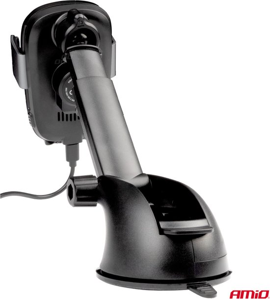 AMiO Suction Mount Telefoonhouder met 15W Draadloze Oplader - Verstelbare Arm en Herbruikbare Zuignap Zwart