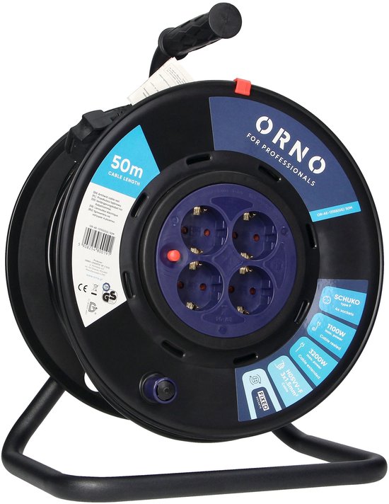 ORNO Stekkerdoos Kabelhaspel met 4 vaste stopcontacten - Verlengsnoer Schuko (type F) - 50m Verlengkabel voor buitengebruik en camping - PVC H05VV-F 3x1.5mm2 - MAX 3200W / 13.9A voor Nederland