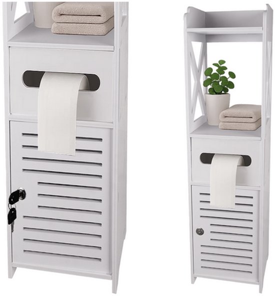 Ruhhy Badkamerkastje met Deurtje en Toiletpapierhouder – Wit 80 cm