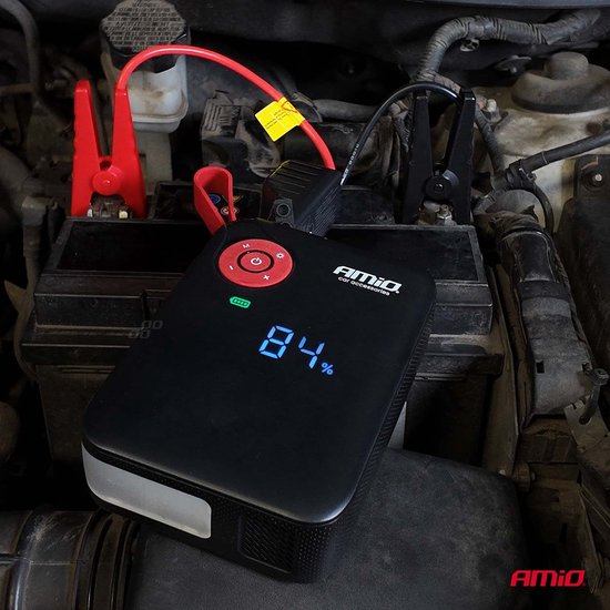 AMiO Portable Mini 4-in-1 Jump Starter – Powerbank 12V 600A met Air Compressor en LED Zaklamp – Draagbare Startbooster Auto – Smart Battery Booster