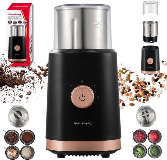 KLAUSBERG KB-7993 Elektrische 2-in-1 Koffie- en Kruidenmolen – 200W – RVS Bekers – Droog & Nat Malen – 3 Snelheden – 80g Capaciteit – beige/Koper