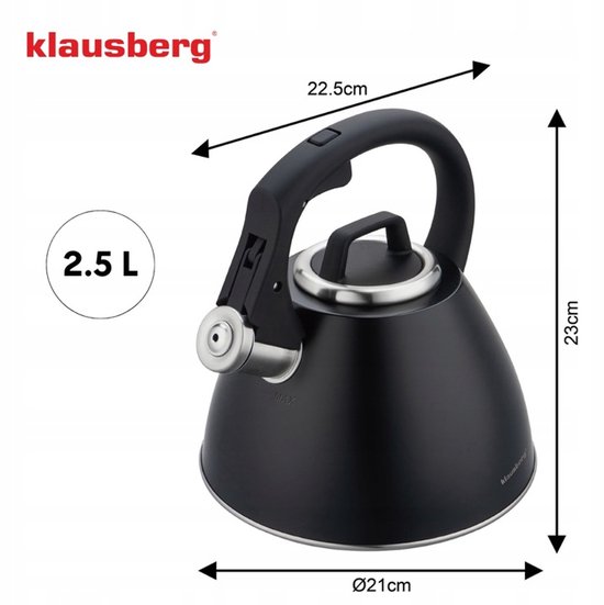 KLAUSBERG KB-7952 Fluitketel 2,5 L – Zwart Mat – Soft-Touch Handgreep – Inductie – RVS – Met Fluit