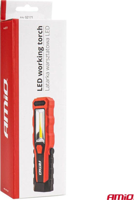 AMiO Magnetische Werklamp Looplamp Inspectie Auto Zaklamp met 12-24V en 230V Lader Rood Zwart