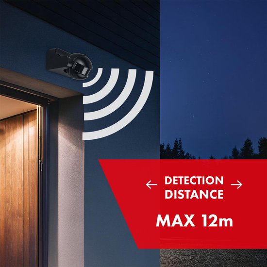 Maclean - PIR-bewegingssensor - infrarood - IP44 - zwart met zwarte afdekking - Bereik 12 m - max. belasting 300/1200 W - MCE358 B/B