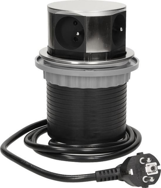 Pop-up stekkerdoos - Verdeelstekker 3 -voudig - Stekkerblok met twee USB-A laadpunten - RVS/INOX