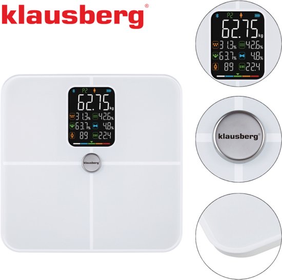 Klausberg KB-7941 Slimme Personenweegschaal – Wit – 180 kg – Lichaamsanalyse BIA – Bluetooth – Vetpercentage, Spiermassa & BMI – Tempered Glass