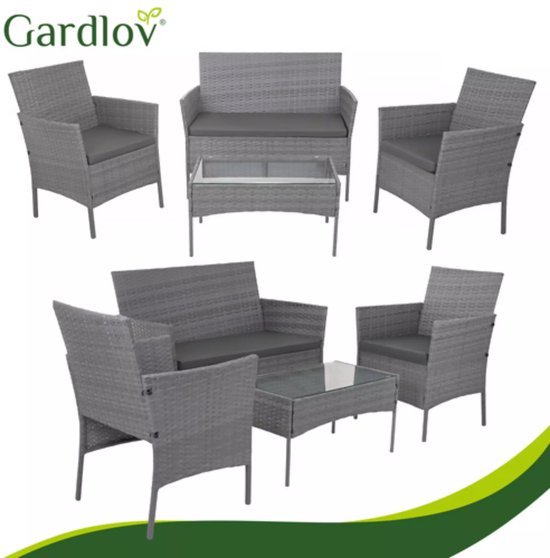 Gardlov Donkergrijze rattan tuinmeubelset met tweezitsbank, 2 stoelen en tafel met glazen blad