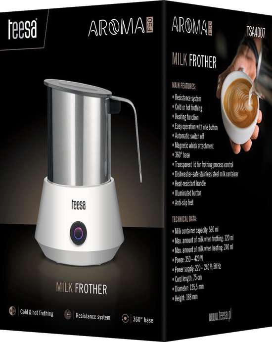 Teesa TSA4007 - Elektrische melkopschuimer AROMA F50, 420 Watt, wit/roestvrijstaal