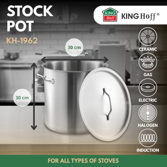 Kinghoff Kookpan 21 liter - Ø30cm - Geschikt voor alle Kookzones (Incl. Inductie) - Voor Professioneel en Huisgebruik - Stoompan - Soeppan