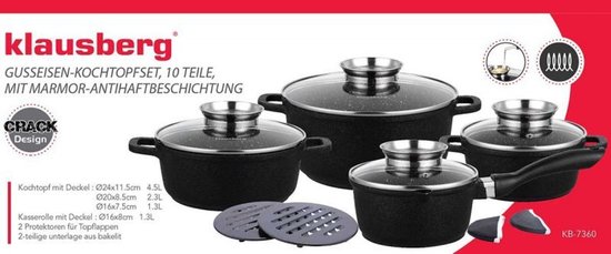 Klausberg 7360 - Pannenset 12 delig - zwart - marmer coating