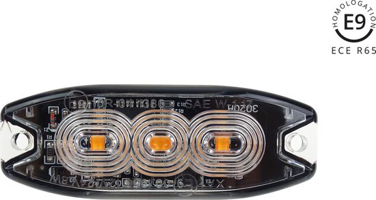 AMiO Stroboscoop Zwaailicht Slanke Amber Grillmontage Flitslamp 3x3W LED R65 R10 12/24V IP67 Oranje