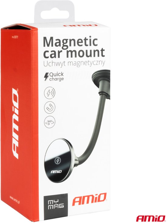 AMiO Magnetische Telefoonhouder met 15W Qi Draadloze Oplader en MagSafe - Verstelbare Arm en Zuignap Zwart
