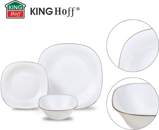 KingHoff Servies Set TOPAZ 18-delig - Wit Vierkant Bordenset met Gouden Rand - Servies voor 6 Personen - Geschikt voor de Vaatwasser