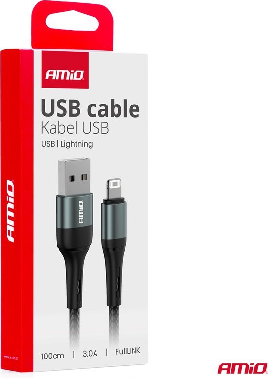 AMiO USB-A naar Lightning Kabel 3A 100cm FullLINK - Hoogwaardige Snellader Oplaadkabel Snoer