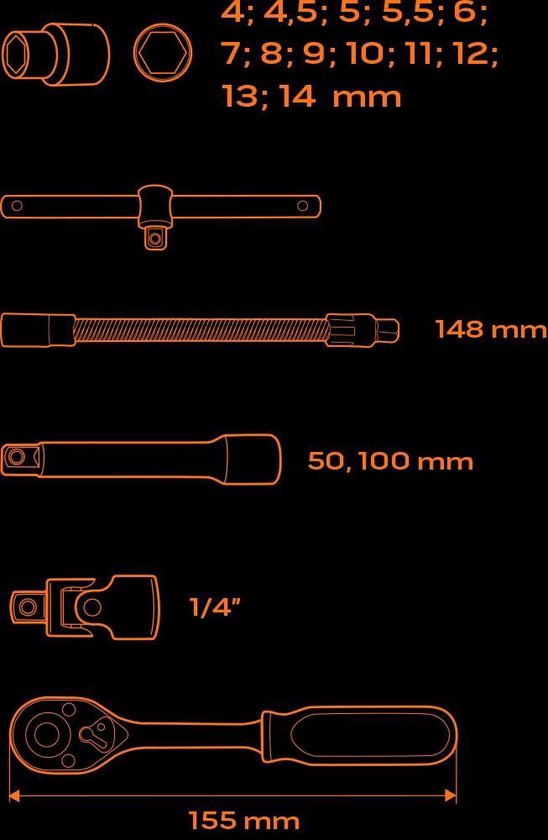NEO doppenset 1/4' 4 t/m 14mm