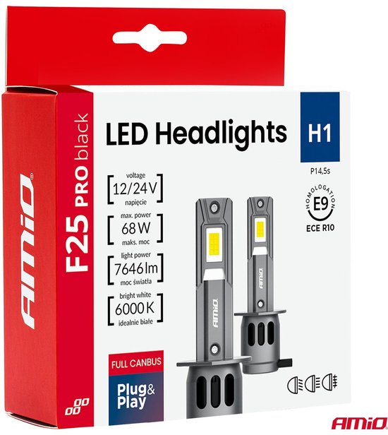 AMiO F25 PRO BLACK Edition H1 LED Koplampen 12/24V – 7646 Lumen 6000K Daglichtwit FULL CANBUS