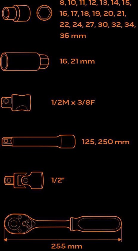 "Neo Tools Doppenset 1/2"" 8 T/m 36mm 27 Delig Inleglade"