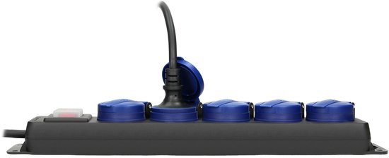 Orno Vrijstaande Stekkerdoos voor buiten - Verlengsnoer met Aan/uit knop - 5 stopcontacten - kabellengte 5 meter - IP44 - Zwart/blauw