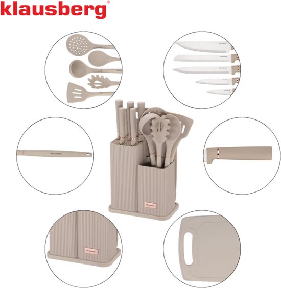 Klausberg Keukenset 15-delig - Mesblok met 5 Messen, 5 Siliconen Keukengereedschappen en Snijplank - Beige