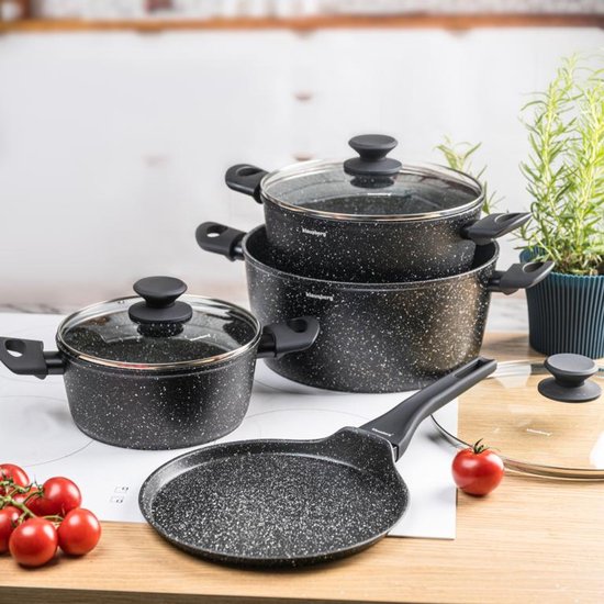 Klausberg KB-7962 Pannenset 7 Delig Zwart | Marmer Anti-aanbaklaag | Inclusief Pannenkoekenpan | Geschikt voor Inductie