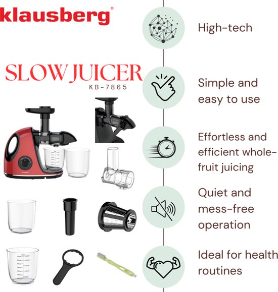 Klausberg Slow Juicer KB-7865 met pulpreservoir – 150W | Stille Juicer voor Groente, Fruit & Kruiden – BPA-vrij – Kersenrood - 700ml