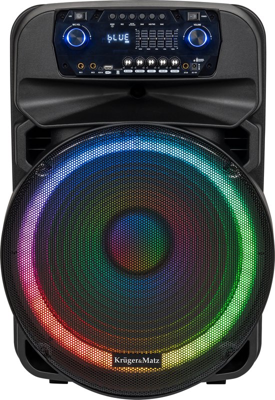 Krüger & Matz KM1718 Mobiele Actieve Luidspreker Party Speaker Box LED ring (met 2 UHF draadloze microfoons, SD, Bluetooth 5.0 , FM, USB) 60 Watt zwart
