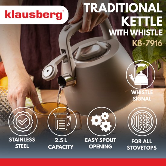 Klausberg 7916 - Fluitketel met fluit - 2.5 liter - RVS - Grijs