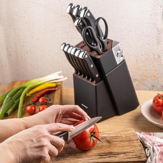 Klausberg KB-7985 13 Delig Messenset - Zwart Messenblok met Slijpstaaf - 6 Stekmessen Inclusief - Messenset met Blok - O.a. Broodmes, Koksmes, Vleesmessen en Schaar
