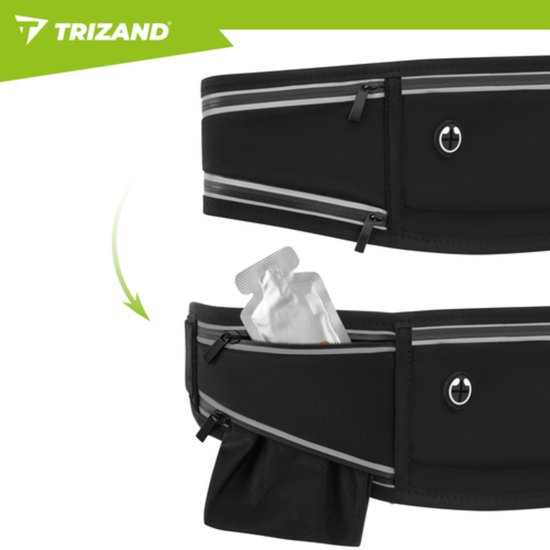 Trizand Zwarte hardloop heuptas 51 x 21 x 11 cm met verstelbare band, 3 ritsvakken en reflecterende details