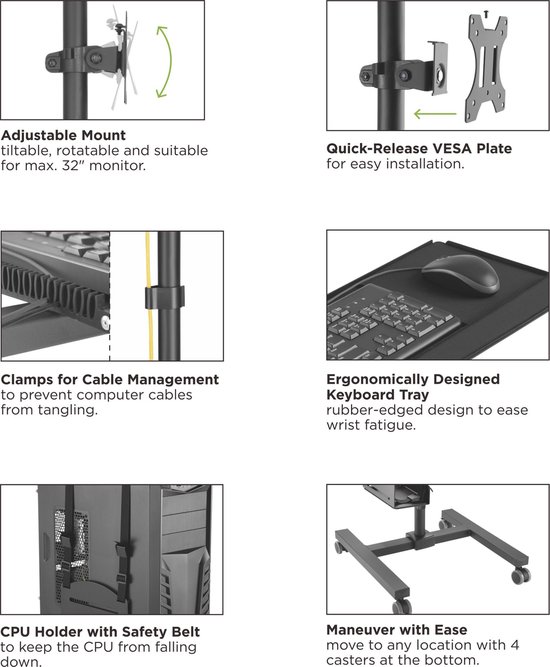 Maclean MC-793 - Monitorstandaard op wielen - statief - PC houder - trolley voor de monitor - ideale stand-up werkplek!